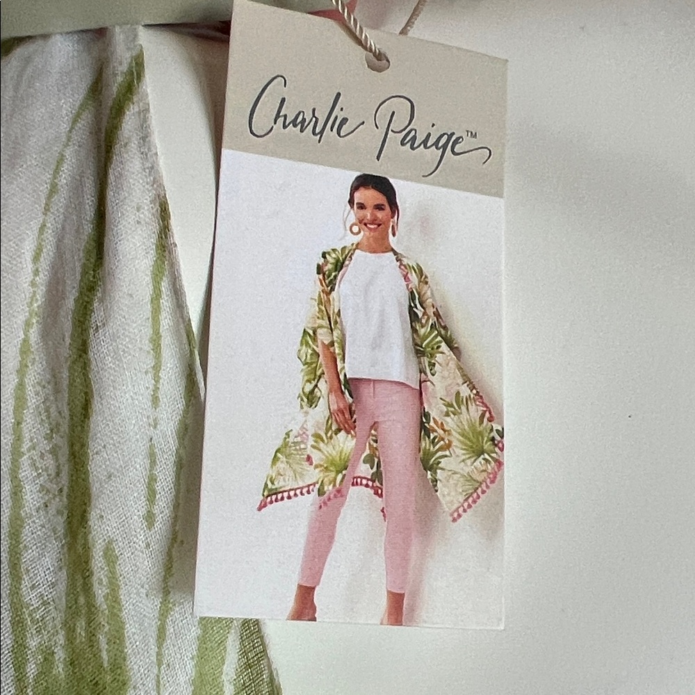 Charlie Paige Pink and Green Leaf Kimono swim cover up with pink Pom Pom hem